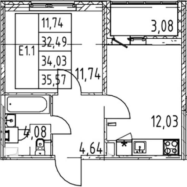 1-комнатная квартира 32.49 м², 1/12 эт., ЖК «Полис ЛАВрики»